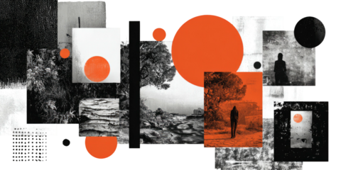 A collage featuring grayscale landscape fragments, geometric shapes, and a pop of orange color