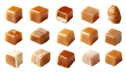 Assorted caramel candies in various shapes and coatings.  A selection of caramel squares, some with a creamy caramel filling, others with white or light brown swirls.  Some are sugared or iced. 