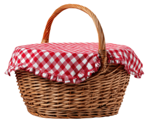 A woven wicker picnic basket with a red and white checkered cloth covering the contents