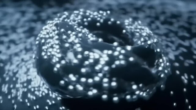 Abstract macro shot of a dark blue donut shape with floating spheres
