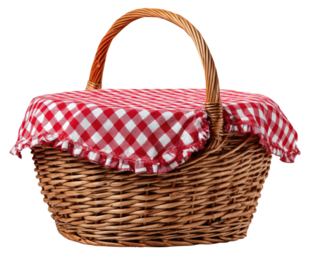 A woven wicker picnic basket with a red and white checkered cloth covering the contents