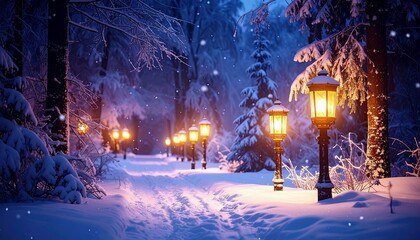 A snow-covered path winds through a forest at dusk, illuminated by a series of ornate streetlights.