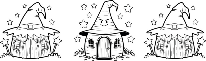 Cute Witch Hat Cottage Doodle Illustration with Stars and Magical Fairy House Theme