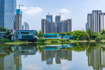 Naklejka premium The lake and architectural scenery of Donghu Park in Chengdu, Sichuan Province, China