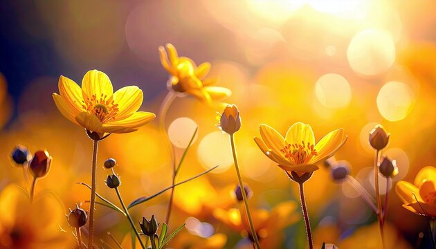 A field of vibrant yellow buttercup flowers bathed in the warm glow of sunlight, creating a soft and dreamy bokeh effect. - Powered by Adobe