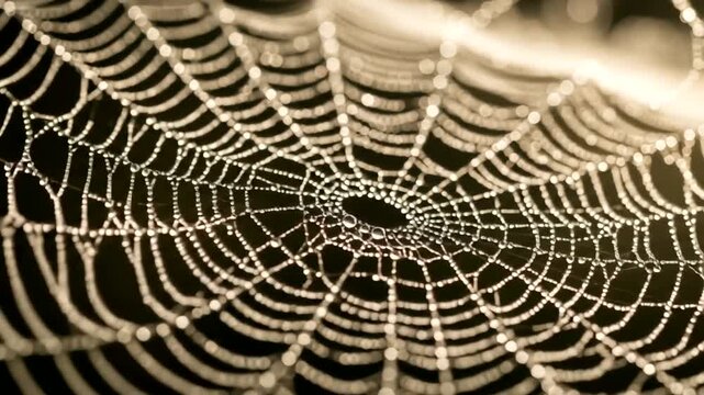 Close-up of a dewy spider web glistening in the morning light, showcasing intricate patterns