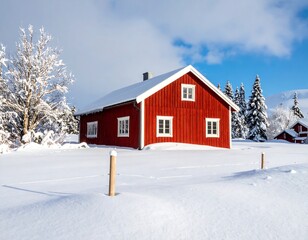 A red cottage stands in a snowy field on a sunny winter day