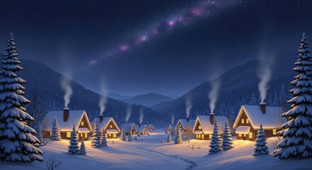 Cozy snowy village glowing with lights