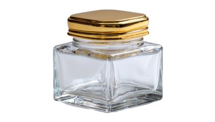 Small square glass jar with a gold-colored lid, resting on a flat, solid black background