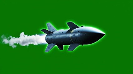 A missile with smoke flying against a green screen background in a studio environment setting view
