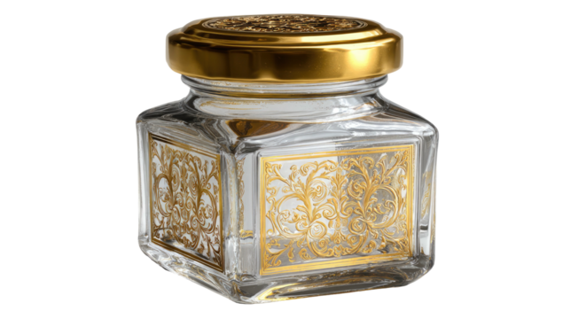 A clear glass jar with gold detailing on the lid and label against a black background