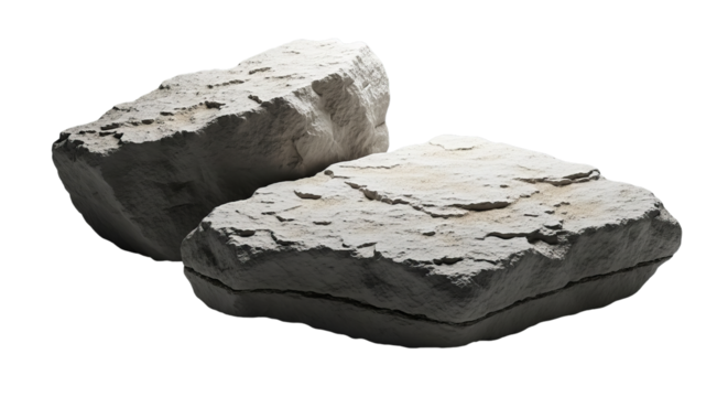 Two rough textured light gray rocks on black background
