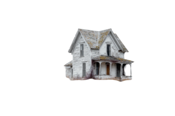 Weathered, dilapidated two-story house with peeling paint against a black background