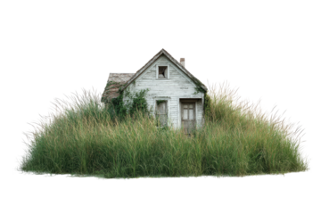 Weathered, white, one-story house, overgrown with tall grasses, isolated on black backdrop