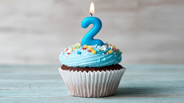 Delicious birthday cupcake with number two candle featuring colorful frosting, festive party decoration, sweet dessert treat, joyful celebration theme, cute blue background and fun second year birthda