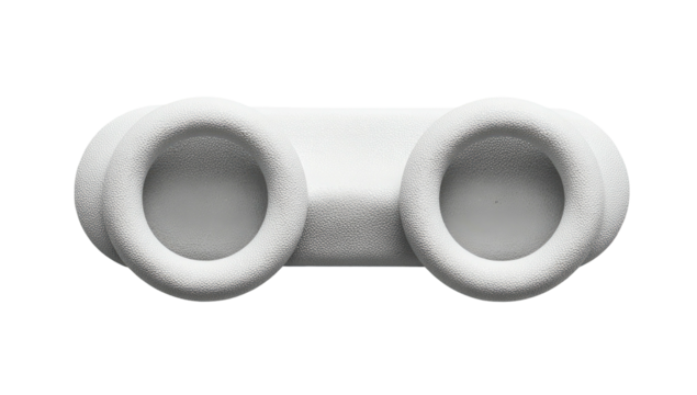 Top-down view of a white, symmetrical object with two circular openings and a connecting bridge