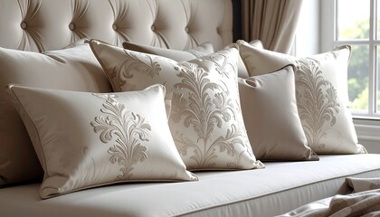 Elegant Decorative Pillows on a Luxurious Beige Sofa.