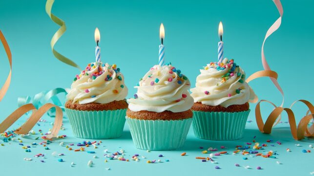 Delicious birthday cupcakes with lit candles, colorful sprinkles, and festive streamers on bright turquoise background for celebration, party, and greeting card design