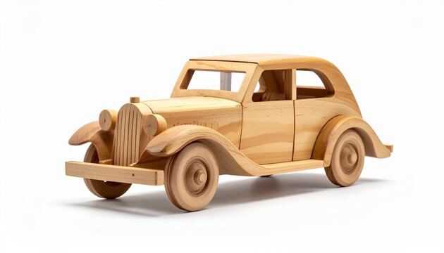 A handcrafted wooden vintage car model with rounded fenders and polished details, displayed on a light surface.