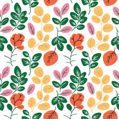 Vibrant Seamless Floral Pattern with Colorful Leaves and Hand-Drawn Garden Bloom