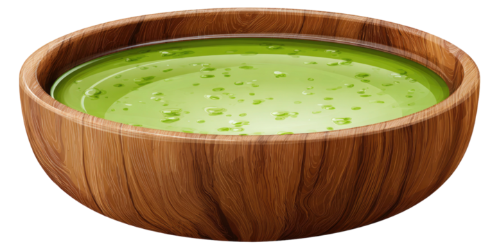 A wooden bowl filled with vibrant green soup, with tiny green flakes, against a black background