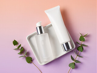 Flat lay cosmetic pump bottle and tube mockup sunset gradient background with vibrant colors