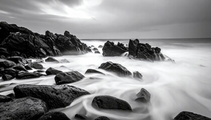 A dramatic black and white long exposure captures the ethereal movement of ocean waves swirling around dark, jagged rocks on a shore.