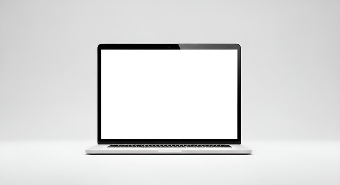 A minimalist laptop with a blank white screen on a white background in a studio setting