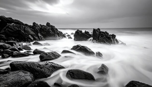 A dramatic black and white long exposure captures the ethereal movement of ocean waves swirling around dark, jagged rocks on a shore.