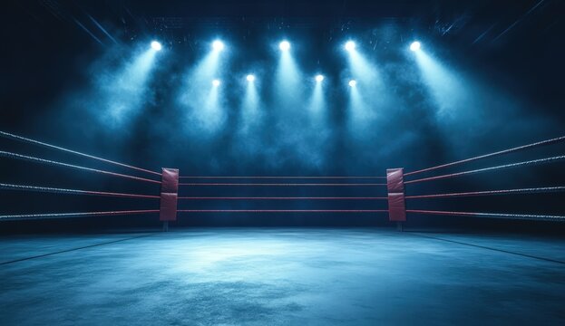 A dimly lit boxing ring illuminated by blue spotlights, creating an intense atmosphere perfect for a match.