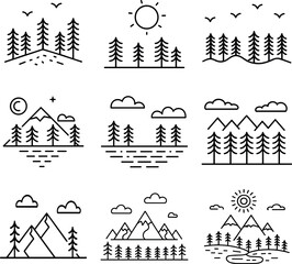 Scenic Mountain and Pine Forest Line Art Icon Pack with Sun, Clouds and Lakes