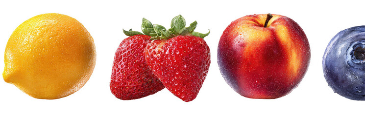 Four colorful fruits displayed against a black background.  A lemon, strawberry, peach, and blueberry are depicted, each with a distinct color and shape.  