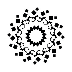 A black and white abstract design with squares and a central starburst pattern on a white background