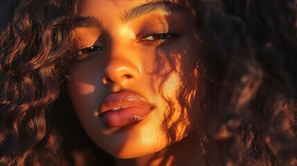 Close-up of a woman with sun-kissed, curly hair and warm, glowing skin
