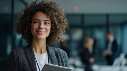 Portrait of pretty cheerful  woman in office with casual clothes