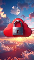 Cloud Security - Lock and Cloud in a Sunset Sky.