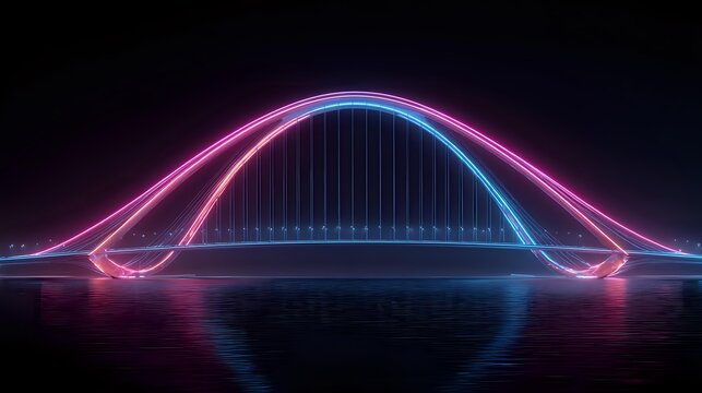 Futuristic bridge with neon lights glowing pink and blue arches over water creating a modern and abstract architectural design