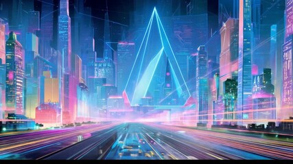 Abstract futuristic cityscape with neon lights and geometric design - Powered by Adobe