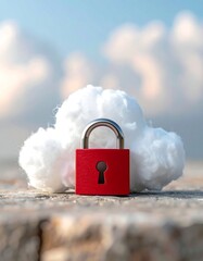 Cloud Security - Protecting Data in the Digital Sky with a Red Padlock.