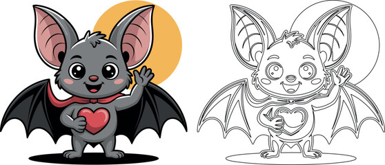 Cute Cartoon Bat Character with Matching Outline Version for Coloring Pages and Stickers