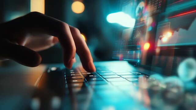 Close view of fingers typing keyboard, neon data charts move on digital interface. Hands create code streams, forming secure network. Bright neon lines emphasize typing, digital security active.