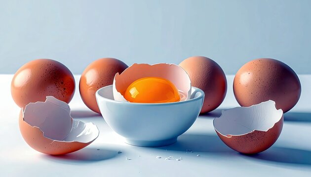 A still life composition featuring several brown eggs, with one cracked open to reveal its vibrant yellow yolk resting in a small white bowl.