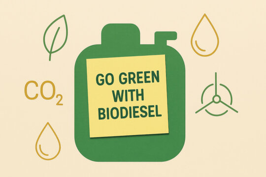Go green with biodiesel concept with fuel tank silhouette, sticky note and eco icon. hopeful message for environmental awareness, renewable energy, and co2 reduction