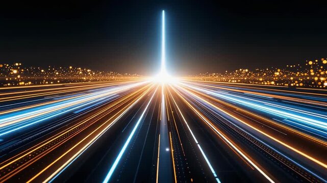 Future technology and high-speed data transfer concept with glowing blue and orange light trails on a digital highway