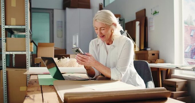 Phone, ecommerce and laughing with woman in warehouse for delivery confirmation, inventory or research. Shipping checklist, text message joke or courier distribution with mature person scroll on tech