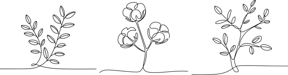 Minimal One-Line Botanical Plant Illustration Set with Elegant Floral Stems