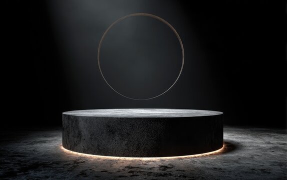 Dark studio scene with spotlight on glowing concrete pedestal and floating metallic ring