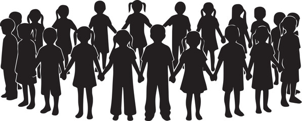 Diverse children silhouettes holding hands forming circle celebrating human rights day unity