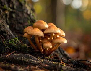 Cluster of Honey Fungus Growing at the Base of a Tree.