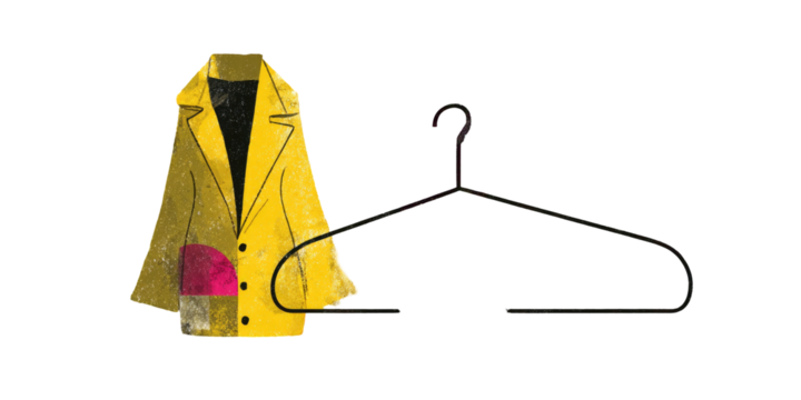 Illustration of a yellow raincoat with a pink pocket, next to a black clothes hanger